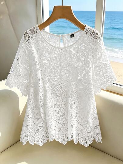 GlowEve CURVE White,Summer,Elegant,Party,Holiday Plus-Size Women's Hollowed-Out Lace Water-Soluble Flower Tops,European And American Style Loose Fashion