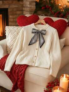 SHEIN Franclia White Round Neck Ribbon Tie Front Cardigan, Autumn/Winter - White - View 8