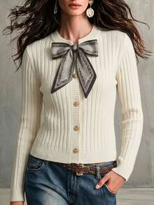 SHEIN Franclia White Round Neck Ribbon Tie Front Cardigan, Autumn/Winter - White - View 2