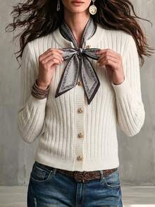SHEIN Franclia White Round Neck Ribbon Tie Front Cardigan, Autumn/Winter - White - View 4