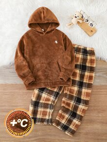 SHEIN 兒童青少年男孩秋冬簡約休閒連帽長袖格紋法蘭絨睡衣套裝 2件組 - 棕色 - 查看 1