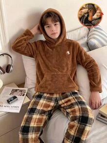 SHEIN 兒童青少年男孩秋冬簡約休閒連帽長袖格紋法蘭絨睡衣套裝 2件組 - 棕色 - 查看 8