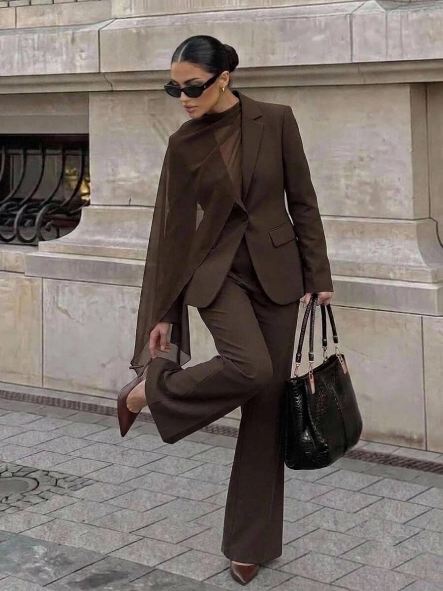 Aloruh Women's Fashion Commuter Blazer & Pants Suit Set,Office - Brown - View 1