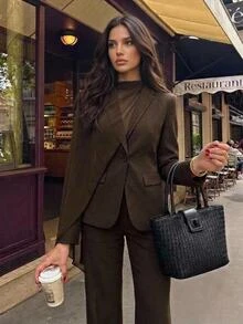 Aloruh Women's Fashion Commuter Blazer & Pants Suit Set,Office - Brown - View 1