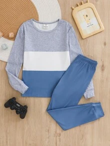 SHEIN 兒童青少年男孩修身條紋簡約圖案圓領長袖秋季休閒舒適居家睡衣套裝 2件組 - 彩色 - 查看 6