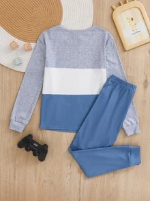 SHEIN 兒童青少年男孩修身條紋簡約圖案圓領長袖秋季休閒舒適居家睡衣套裝 2件組 - 彩色 - 查看 2