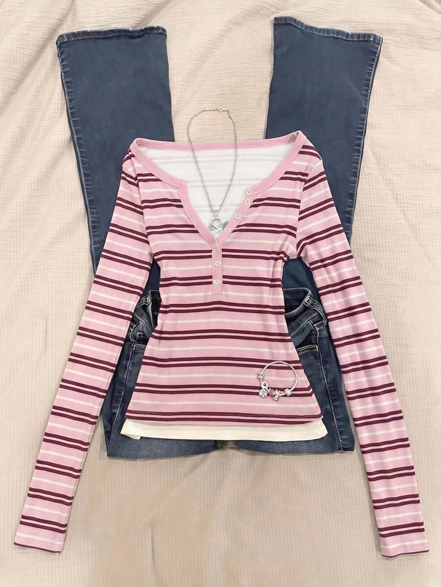 IslaSuriya Kaos Wanita Slim Fit Pinggang Lengan Panjang 2 in 1 - Berwarna merah muda - View 1
