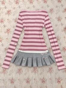 IslaSuriya Kaos Wanita Slim Fit Pinggang Lengan Panjang 2 in 1 - Berwarna merah muda - View 6