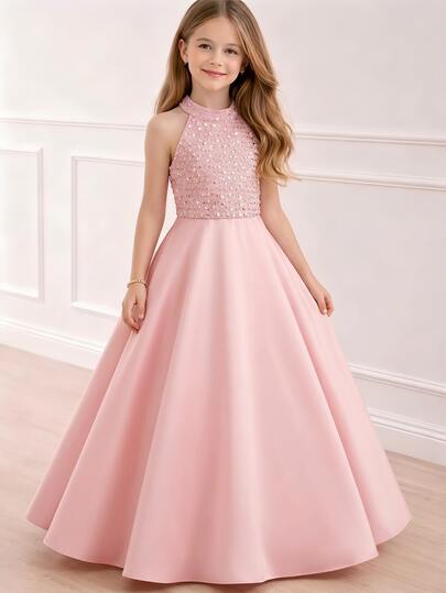 Girls Pink Luxury Girly Style Sequin Halter Neck Satin Cinched Waist Long Evening Dress. Dusty Pink Halter Neck Sleeveless Design, Fully Covered With Fine Sequins Sequins On Top, High Waist Spliced Flowing Full Skirt, Stage Performance Atmosphere Elegant Annual Meeting High-End Snug Fit Long Dress