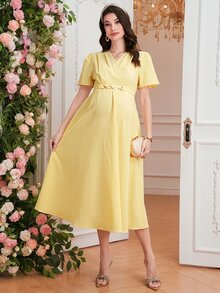 Momance-D New Maternity Dress, Woven Fabric With Ruffle Sleeves, Waist Button Decor, Drawstring Waist Design, Elegant Casual Everyday Wear - Yellow - View 5