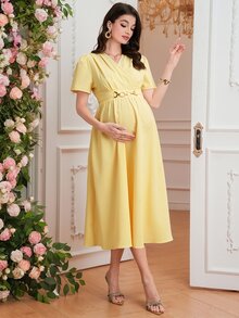 Momance-D New Maternity Dress, Woven Fabric With Ruffle Sleeves, Waist Button Decor, Drawstring Waist Design, Elegant Casual Everyday Wear - Yellow - View 7