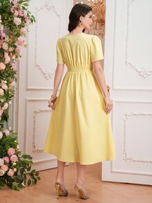 Momance-D New Maternity Dress, Woven Fabric With Ruffle Sleeves, Waist Button Decor, Drawstring Waist Design, Elegant Casual Everyday Wear - Yellow - View 3