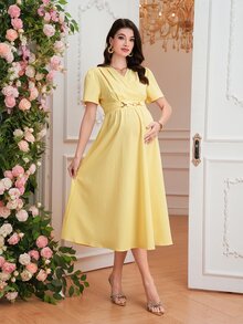 Momance-D New Maternity Dress, Woven Fabric With Ruffle Sleeves, Waist Button Decor, Drawstring Waist Design, Elegant Casual Everyday Wear - Yellow - View 6