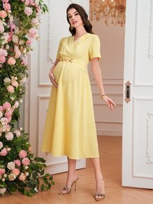 Momance-D New Maternity Dress, Woven Fabric With Ruffle Sleeves, Waist Button Decor, Drawstring Waist Design, Elegant Casual Everyday Wear - Yellow - View 8