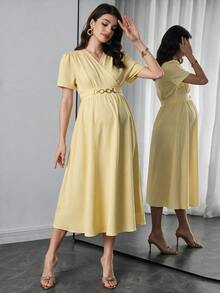 Momance-D New Maternity Dress, Woven Fabric With Ruffle Sleeves, Waist Button Decor, Drawstring Waist Design, Elegant Casual Everyday Wear - Yellow - View 1
