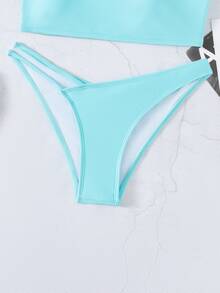 SHEIN Swim Solid Bikini Set One Shoulder Bandeau Top & Asymmetrical Waist High Cut Bottom 2 Piece Bathing Suit,Summer Beach - Mint Blue - View 7