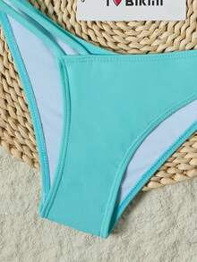 SHEIN Swim Solid Bikini Set One Shoulder Bandeau Top & Asymmetrical Waist High Cut Bottom 2 Piece Bathing Suit,Summer Beach - Mint Blue - View 8