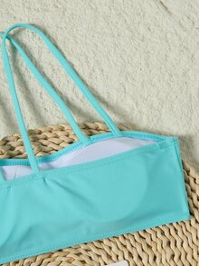 SHEIN Swim Solid Bikini Set One Shoulder Bandeau Top & Asymmetrical Waist High Cut Bottom 2 Piece Bathing Suit,Summer Beach - Mint Blue - View 11
