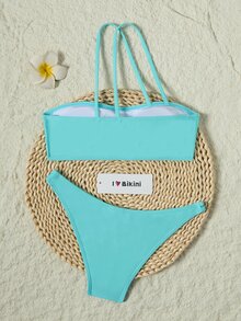 SHEIN Swim Solid Bikini Set One Shoulder Bandeau Top & Asymmetrical Waist High Cut Bottom 2 Piece Bathing Suit,Summer Beach - Mint Blue - View 10