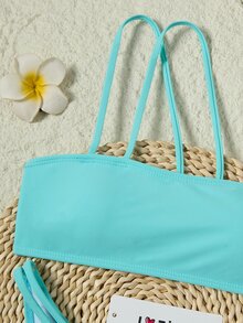 SHEIN Swim Solid Bikini Set One Shoulder Bandeau Top & Asymmetrical Waist High Cut Bottom 2 Piece Bathing Suit,Summer Beach - Mint Blue - View 9