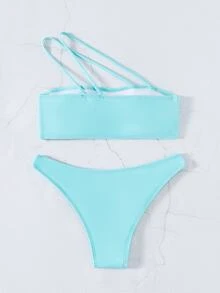SHEIN Swim Solid Bikini Set One Shoulder Bandeau Top & Asymmetrical Waist High Cut Bottom 2 Piece Bathing Suit,Summer Beach - Mint Blue - View 2