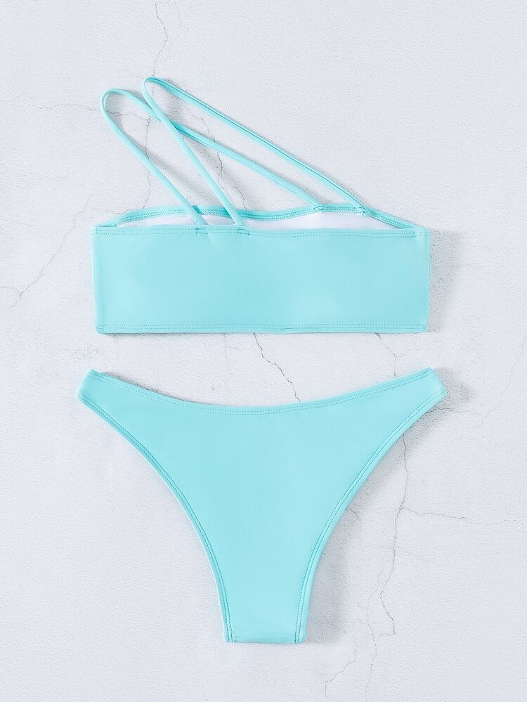 SHEIN Swim 素色比基尼套裝單肩抹胸上衣和不對稱腰高衩下裝2入組泳衣 - 薄荷藍 - 查看 2