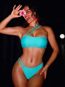 SHEIN Swim Solid Bikini Set One Shoulder Bandeau Top & Asymmetrical Waist High Cut Bottom 2 Piece Bathing Suit,Summer Beach - Mint Blue - View 4