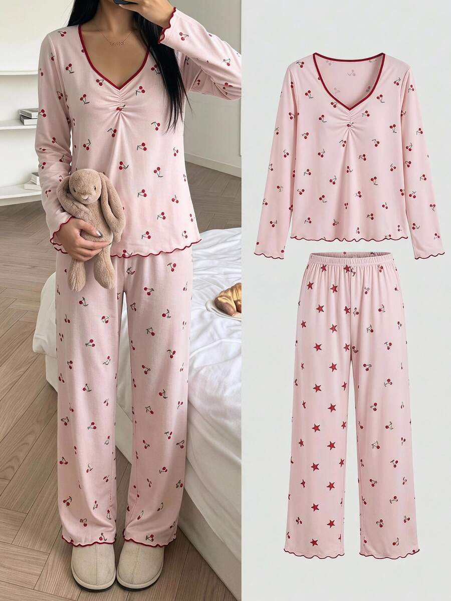 1 Set Women's Home Wear Set, Sweet Style Cherry All-Over Print Light ...