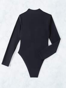 Swim SPRTY Summer Beach Zip Front High Leg One Piece Swimsuit - Black - View 2