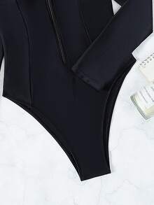 Swim SPRTY Summer Beach Zip Front High Leg One Piece Swimsuit - Black - View 6