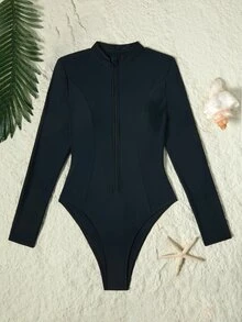 Swim SPRTY Summer Beach Zip Front High Leg One Piece Swimsuit - Black - View 11