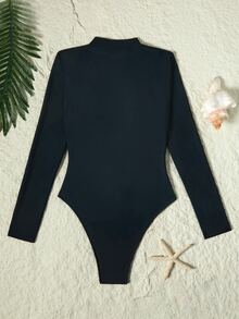 Swim SPRTY Summer Beach Zip Front High Leg One Piece Swimsuit - Black - View 9
