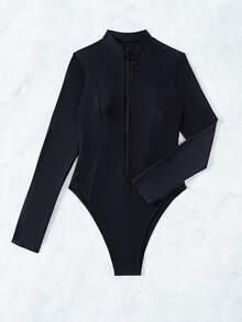 Swim SPRTY Summer Beach Zip Front High Leg One Piece Swimsuit - Black - View 5