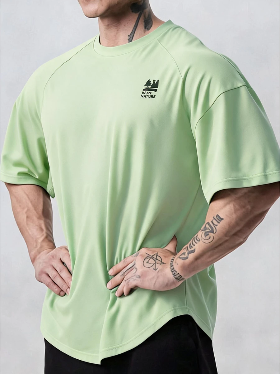 Gym Rark 男士夏季字母圖形短袖戶外T恤 - 綠色 - 查看 1