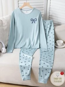 聖誕快樂女青少年睡衣套裝，修身居家服，聖誕新配色，長袖，母女款 - 墨綠色 - 查看 2