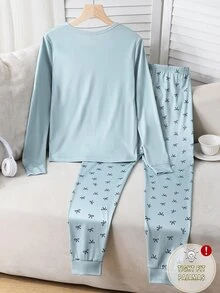 聖誕快樂女青少年睡衣套裝，修身居家服，聖誕新配色，長袖，母女款 - 墨綠色 - 查看 3