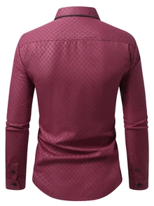 Manfinity Bizformal 男士格紋休閒百搭日常長袖襯衫 - 酒紅色 - 查看 2