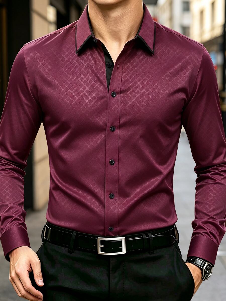 Manfinity Bizformal 男士格紋休閒百搭日常長袖襯衫 - 酒紅色 - 查看 1
