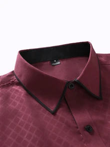 Manfinity Bizformal 男士格紋休閒百搭日常長袖襯衫 - 酒紅色 - 查看 4