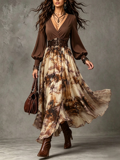LUMIGAL Fashionable Elegant Boho Commuter Vacation Vacation Bohemian Style Brown Sequin Contrast Patchwork Print Lace Strap Long Dress Autumn