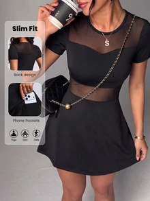 Slayform Women's Solid Color Contrast Mesh Short Sleeve Sports Dress With Shorts - Black - View 1