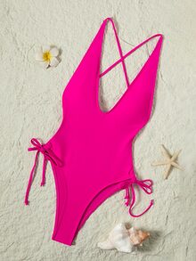 SHEIN Swim Traje de baño de una pieza con escote pronunciado y cordón para el verano - Rosa Fucsia - Ver 11