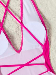 SHEIN Swim Traje de baño de una pieza con escote pronunciado y cordón para el verano - Rosa Fucsia - Ver 9