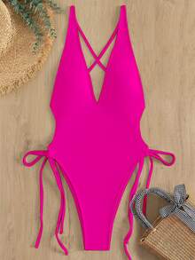 SHEIN Swim Traje de baño de una pieza con escote pronunciado y cordón para el verano - Rosa Fucsia - Ver 3