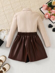 SHEIN Tween Girl Solid Color Long Sleeve T-Shirt And PU Leather Skort Casual Daily Outfit - Multicolor - View 5
