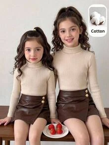 SHEIN Tween Girl Solid Color Long Sleeve T-Shirt And PU Leather Skort Casual Daily Outfit - Multicolor - View 1