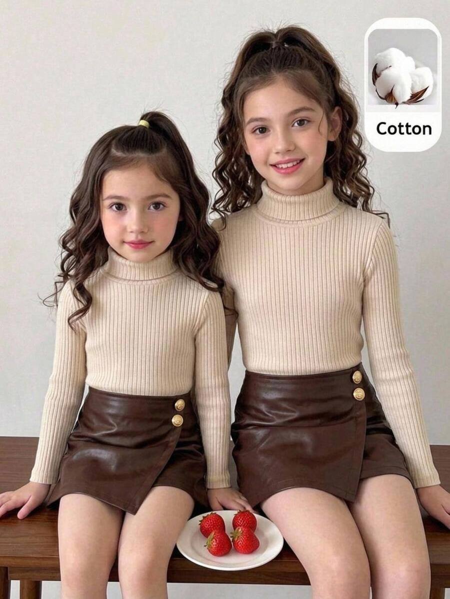 SHEIN Tween Girl Solid Color Long Sleeve T-Shirt And PU Leather Skort Casual Daily Outfit - Multicolor - View 1