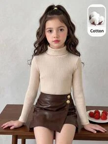 SHEIN Tween Girl Solid Color Long Sleeve T-Shirt And PU Leather Skort Casual Daily Outfit - Multicolor - View 2