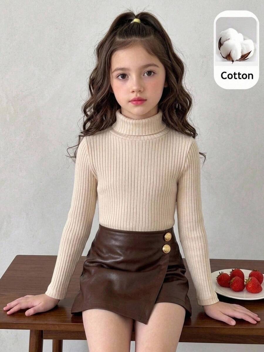 SHEIN 青少年女孩純色長袖T恤與PU皮革裙褲休閒日常穿搭 - 彩色 - 查看 1