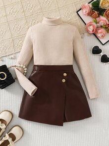 SHEIN Tween Girl Solid Color Long Sleeve T-Shirt And PU Leather Skort Casual Daily Outfit - Multicolor - View 4